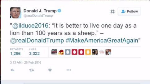 Donald Trump ritwitta la frase de "ilduce": "Meglio vivere un giorno da leone che..."