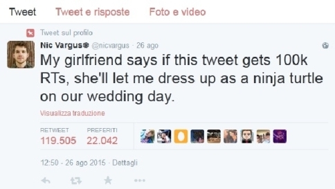 Ottiene più di 100mila retweet, si vestirà da tartaruga ninja alle nozze