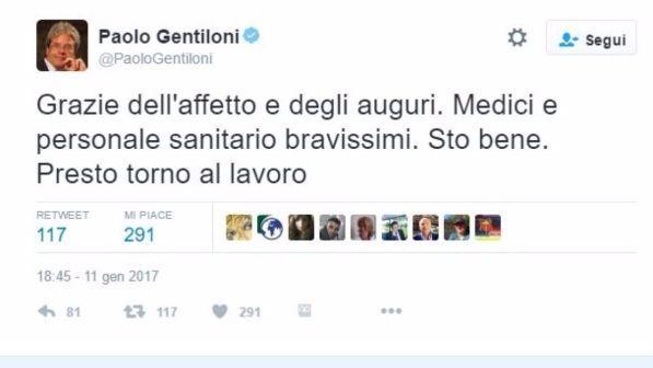 Gentiloni operato: "Grazie a tutti per l'affetto, presto al lavoro"