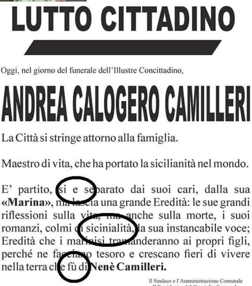 Camilleri, il Comune dichiara lutto cittadino ma il manifesto funebre è pieno di errori ortografici