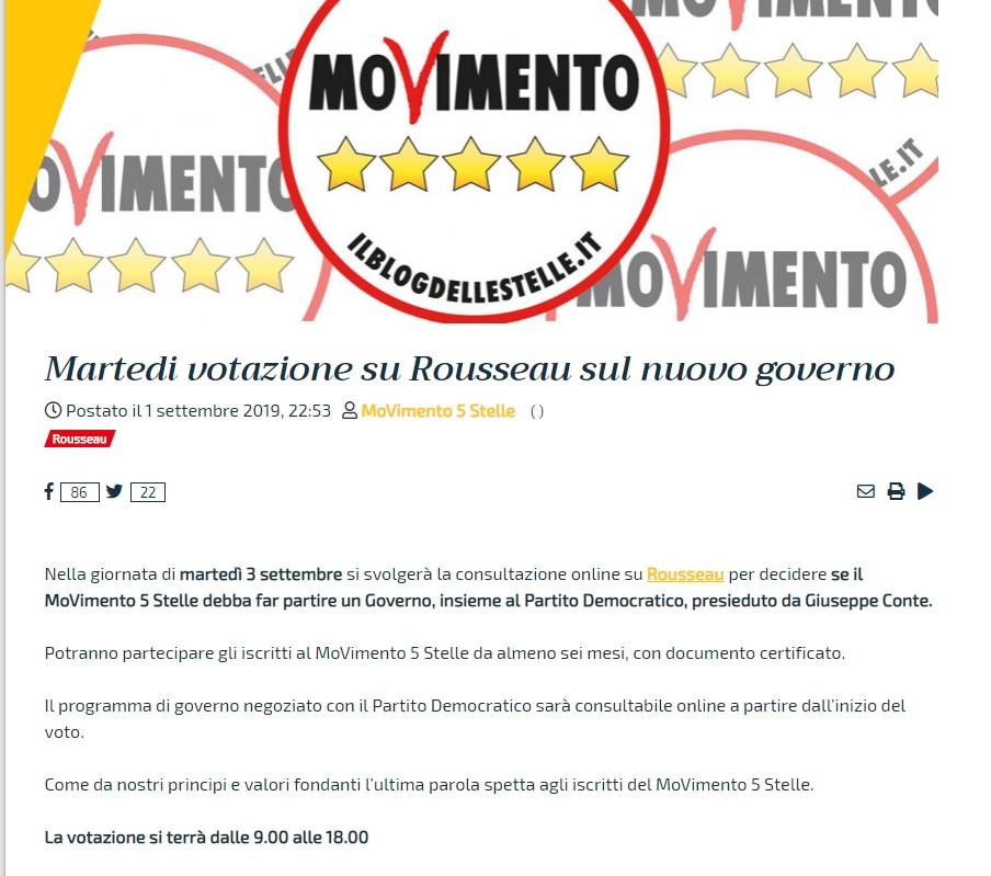 Martedì il voto sulla piattaforma Rousseau: "Volete governo col Pd?"