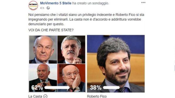 Vitalizi, sondaggio M5S su Facebook: la "casta" batte Fico, post rimosso