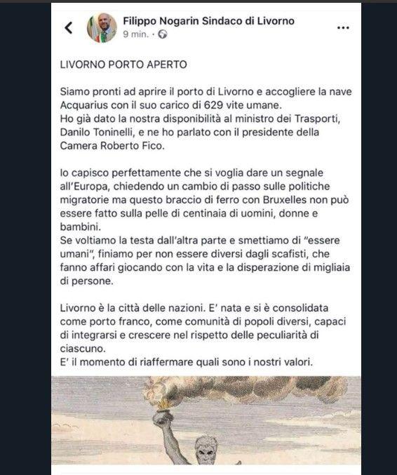 Migranti, sindaco M5s Nogarin su Facebook: "Accogliamo a Livorno l'Aquarius" | Ma poi rimuove il post