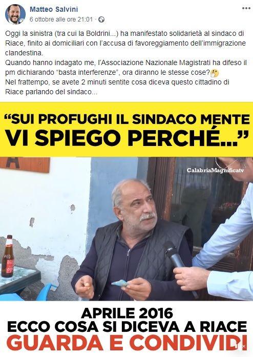 Riace, lo scivolone di Salvini: posta un video di un uomo giudicato vicino ai clan