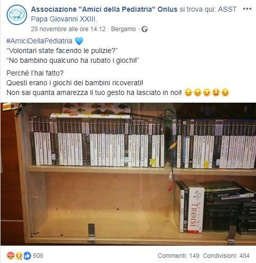 Bergamo, rubati videogiochi alla pediatria dell'ospedale: scattata la gara di solidarietà per il sorriso dei bambini