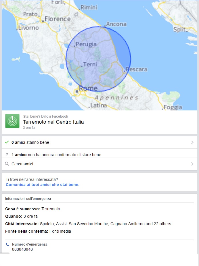 Sisma in Centro Italia, Facebook attiva il "safety check"