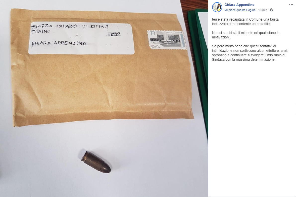 Torino, un'altra busta con proiettile al sindaco Chiara Appendino
