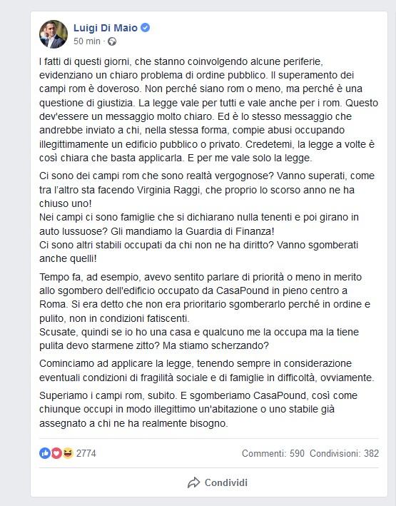 Di Maio: "Sgomberiamo chi non ha diritto, dai rom a CasaPound"