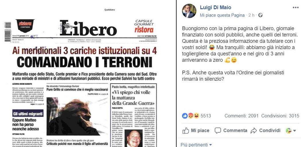 Libero Quotidiano: "Comandano i terroni", scoppia la polemica | Di Maio: "In tre anni stop a finanziamenti"
