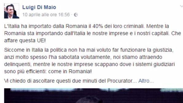 Migranti, bufera sul post di Di Maio: "Dalla Romania importiamo il 40% dei loro criminali"