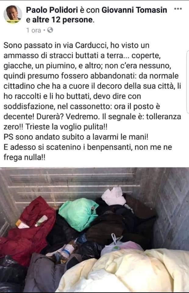 Trieste, vicesindaco leghista getta le coperte di un clochard nell'immondizia e poi se ne vanta su Fb