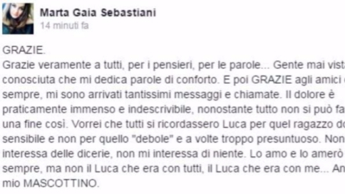 Luca Varani, la fidanzata su Facebook: "Grazie a tutti per i vostri pensieri"