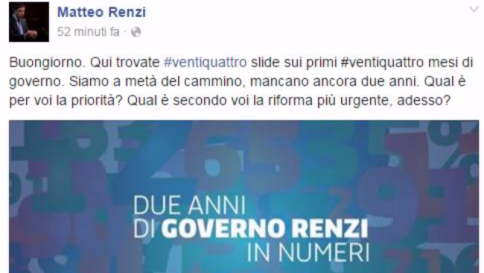 Renzi su Facebook: "Il governo è a metà cammino, diteci cosa fare"
