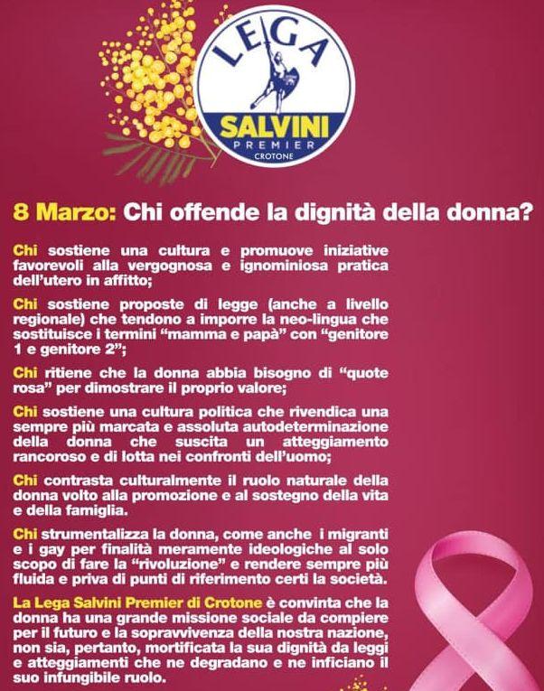 "Ruolo naturale della donna? A casa e in famiglia": polemica sul manifesto Lega Crotone | Ministre M5s: "Scioccante"