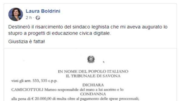 Insulti sessisti da sindaco leghista, Boldrini: risarcimento in beneficenza