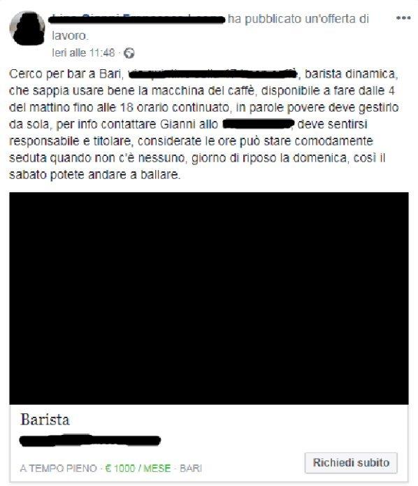 Bari, barista cercasi: 14 ore al giorno per 1.000 euro al mese