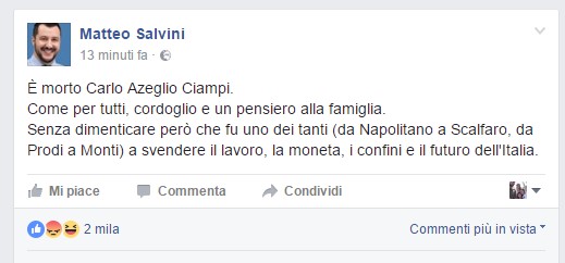 Salvini: "Ciampi un traditore dell'Italia". Ed è bufera politica