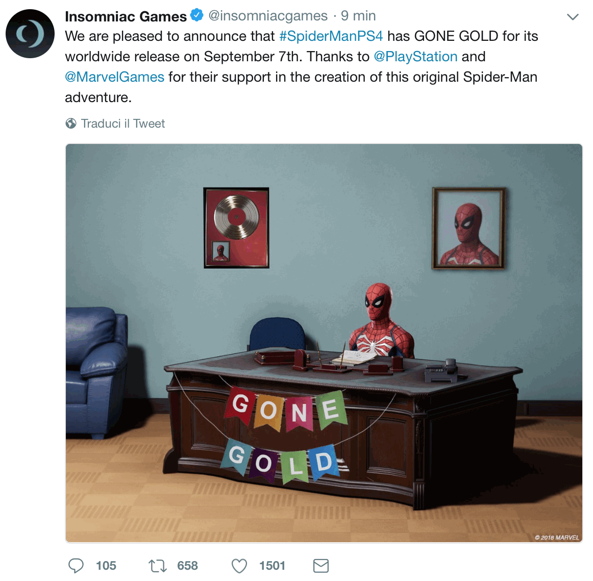 Concluso lo sviluppo di Spider-Man, Insomniac Games festeggia su Twitter