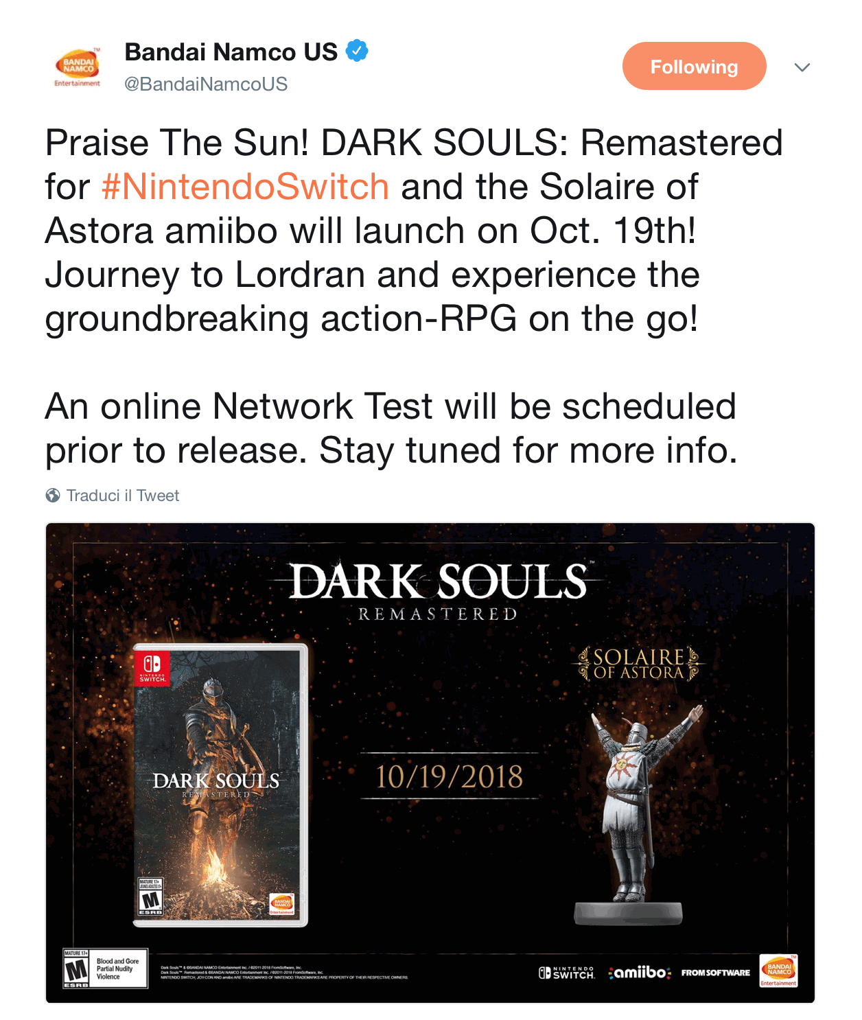 Dark Souls Remastered, confermata l'uscita su Switch
