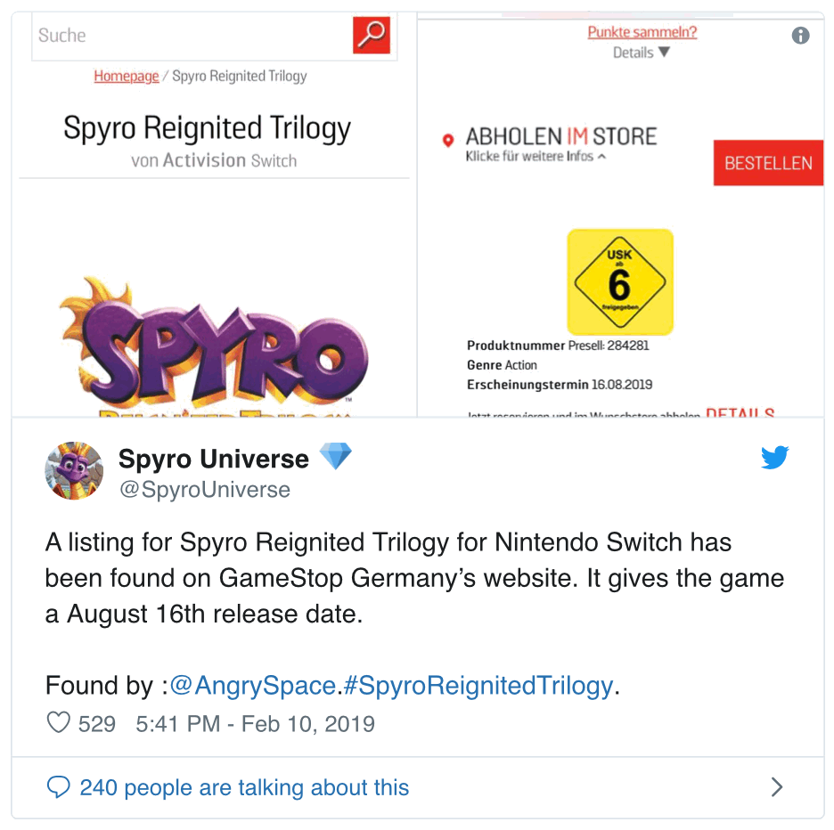 Spyro Reignited Trilogy, si intensificano le voci su una versione per Nintendo Switch