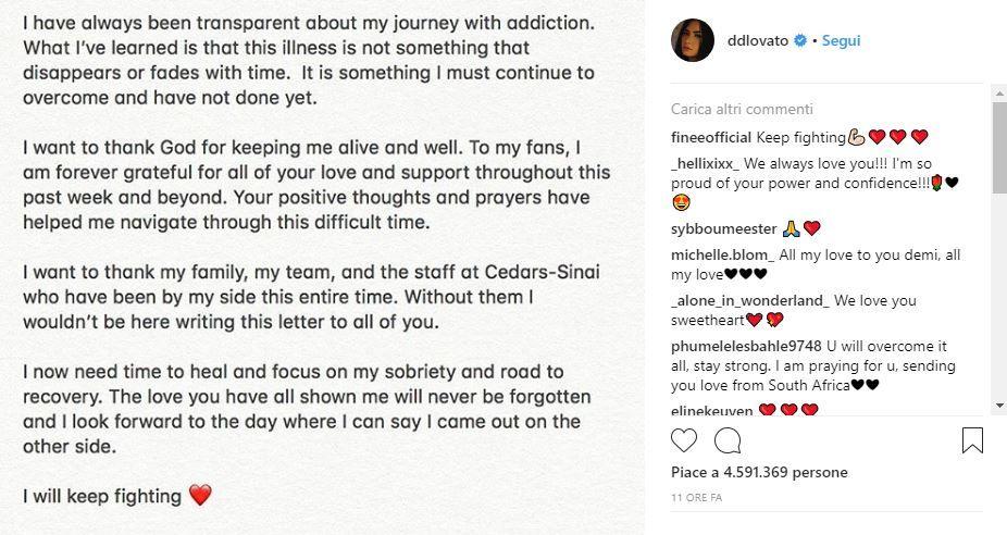 Demi Lovato, primo messaggio social dopo il ricovero: "Continuo a lottare"
