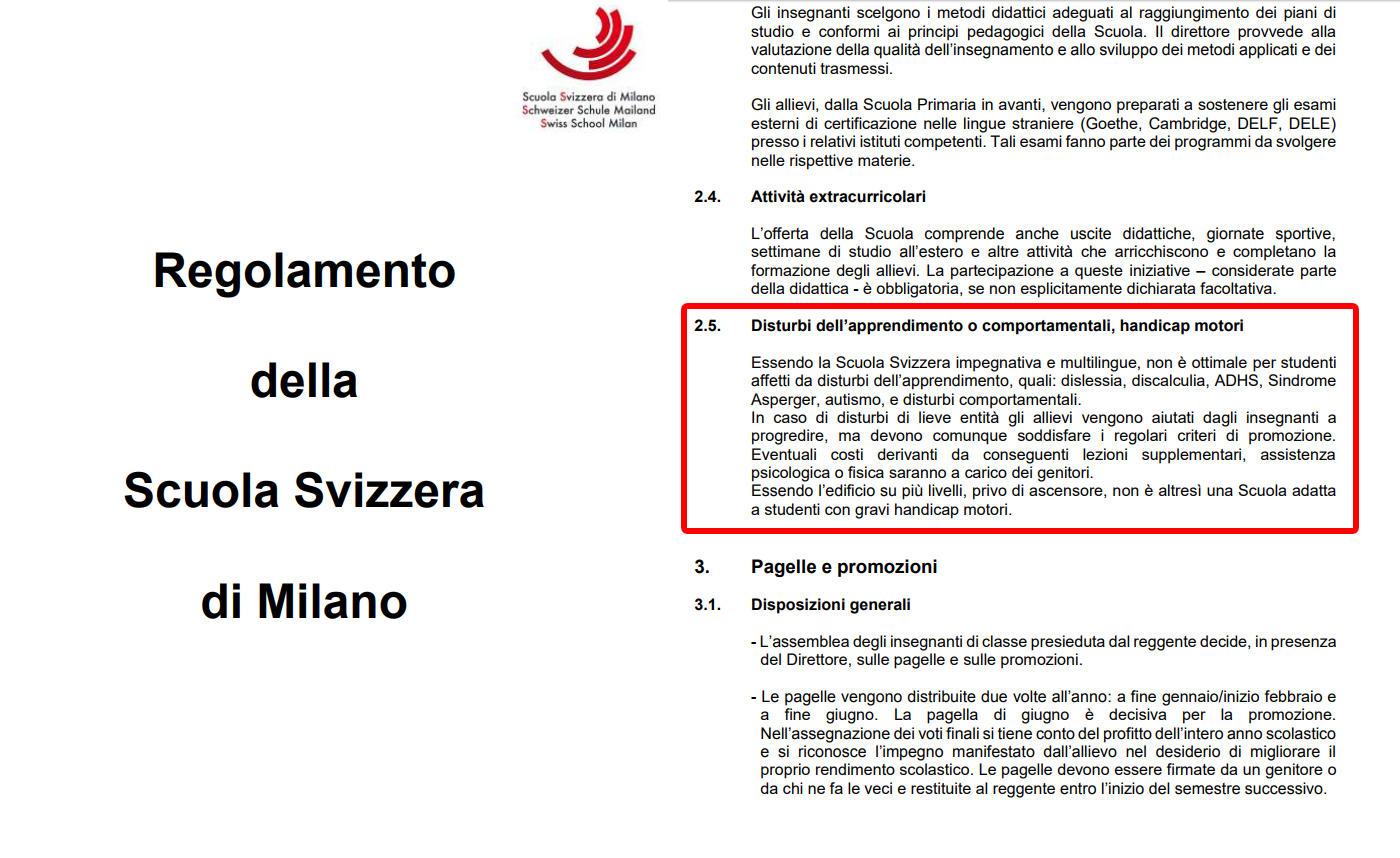La Scuola Svizzera di Milano non accetta disabili: è polemica