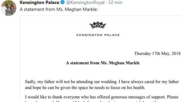 Meghan Markle: “Mio padre non ci sarà al matrimonio”