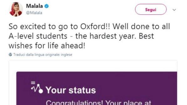 Il premio nobel per la pace Malala Yousafzai ammessa a Oxford