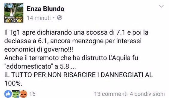 Terremoto, Blundo (M5s) sulla sua pagina Facebook: "Menzogne per interessi economici del governo"