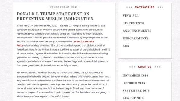 Usa2016, Donald Trump fa scomparire dal suo sito il riferimento al divieto di ingresso dei musulmani
