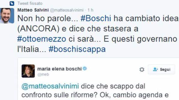 Referendum, Salvini vs Boschi: tra il leader della Lega e il ministro è scontro social sul mancato confronto tv