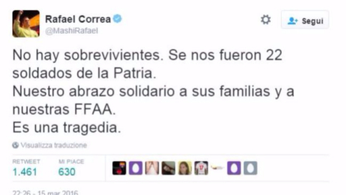 Ecuador,si schianta aereo: 22 morti