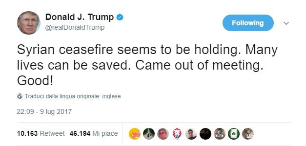 Siria, la tregua regge e Donald Trump festeggia su Twitter