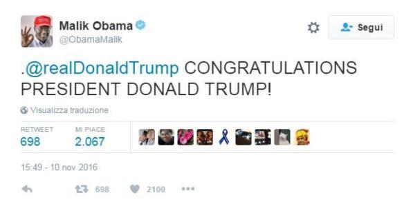 Il fratellastro di Obama, Malik, esulta: "Congratulazioni Presidente Donald Trump"