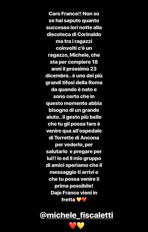 Corinaldo, "Francesco Totti vieni a trovare Michele": la catena social degli amici di uno dei feriti in coma