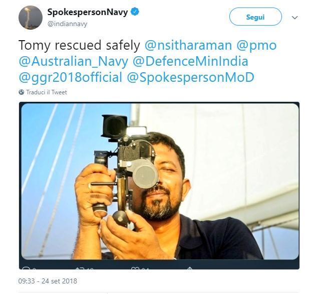 Velista indiano alla deriva, la Marina lo salva: "Tomy è gravemente ferito"
