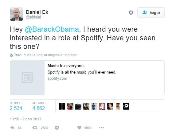 Spotify offre a Obama un impiego come "Presidente delle playlist"